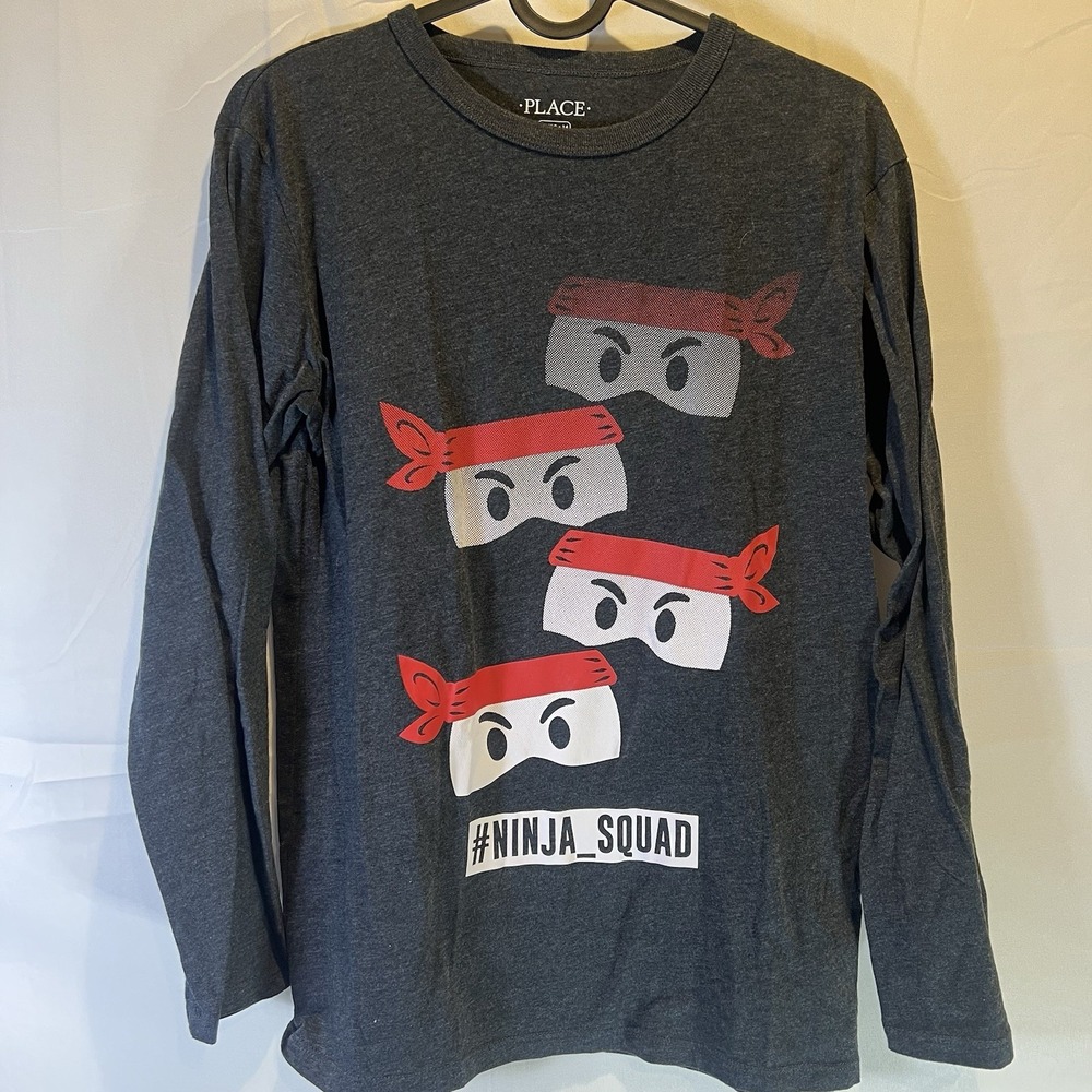 The Childrens Place Boys XL 14 Black Long Sleeve Shirt T Shirt Ninja Mode Tee